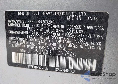 2017 Subaru Forester 2.5I from USA, damaged, VIN JF2SJABC9HH437545